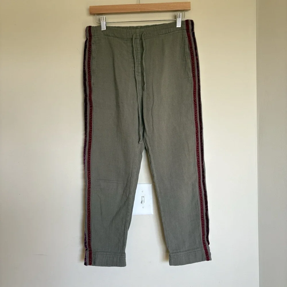 Xirena‎ Womens Gauze Army Green Drawstring Elastic Waist Velvet Stripes Pants SM